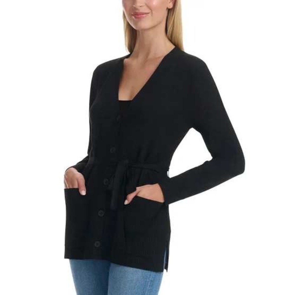 SPLENDID Belted Cardigan Sweater Sz M Black Knit Button Front Ribbed Details NWT